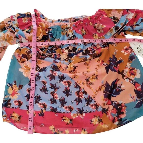 Bar III Off The Shoulder Blouse Top Women's SMALL Pink Blue White Floral Ruffles - Picture 6 of 11